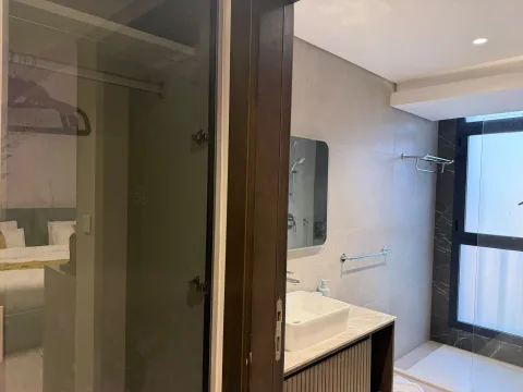 Studio 102 de The Stay : la douche vitrée et la vasque