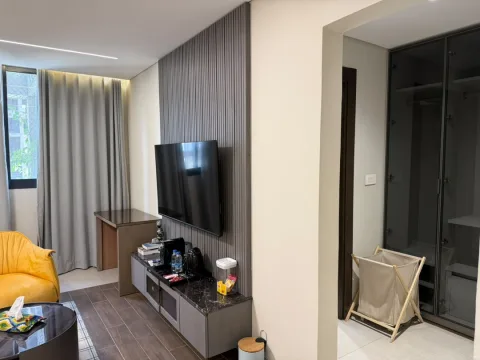 Studio 304 de The Stay : le coin télévision et le fauteuil jaune