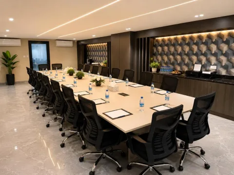 Salle de réunion de The Stay aménagée avec une grande table, vue depuis l’entrée