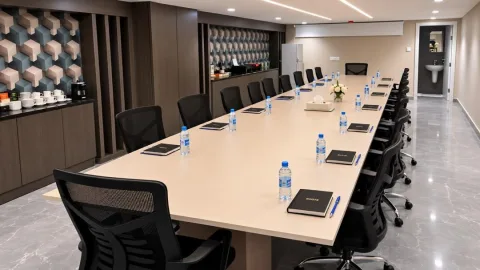 Salle de réunion de The Stay avec table de conférence et écran